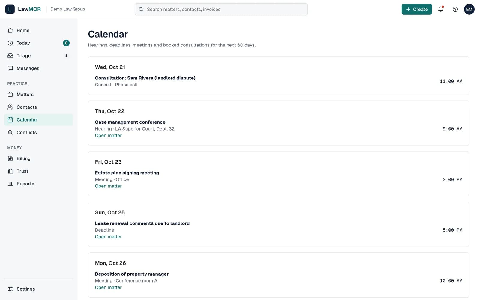 Calendar screen in LawMOR