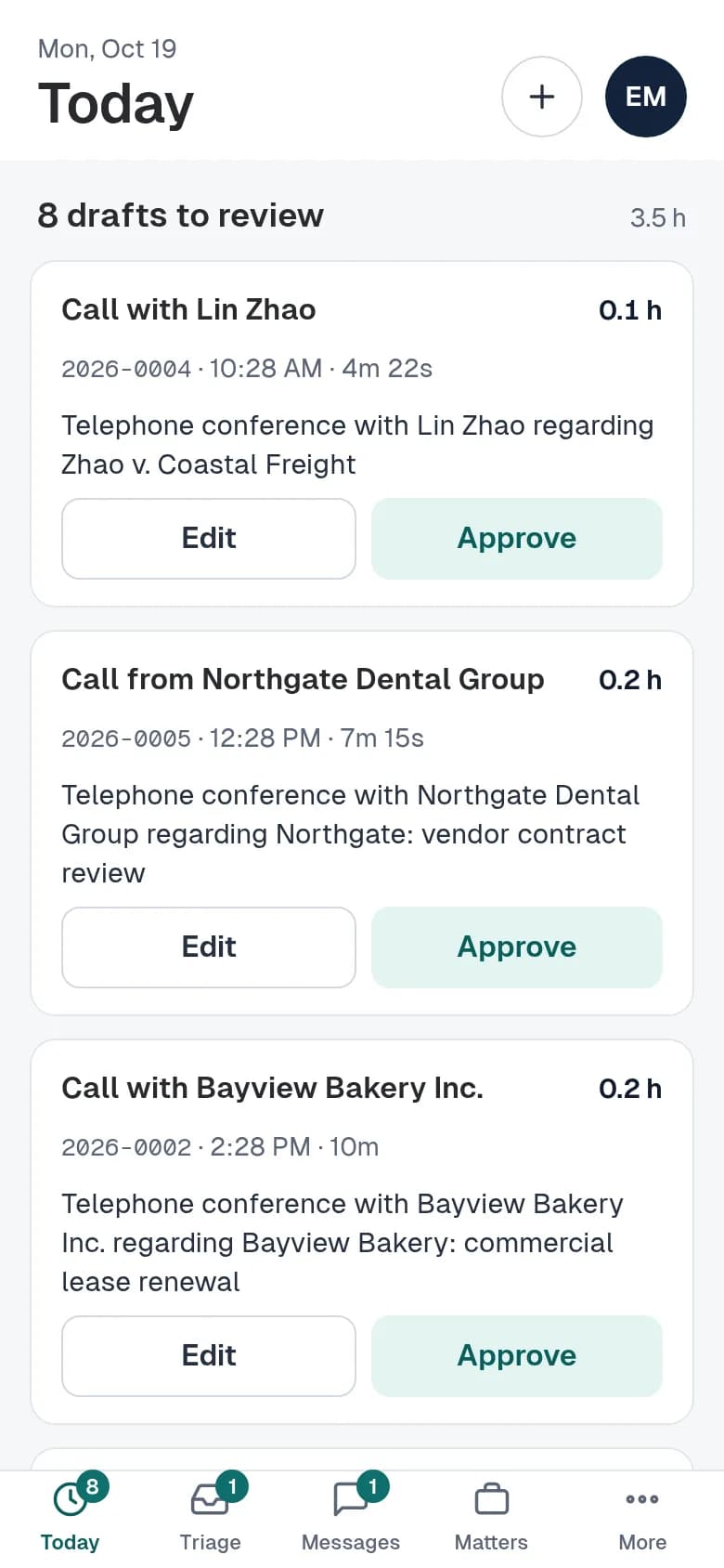 LawMOR on a phone: the Today screen with drafted call entries, each with an Edit and an Approve button.