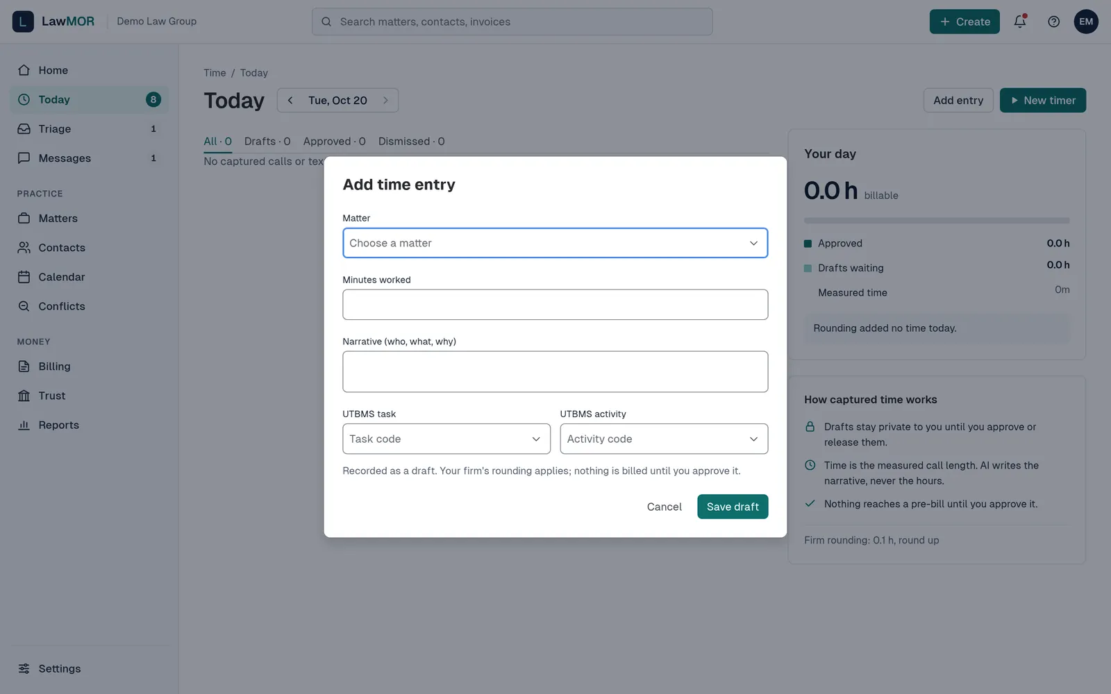 The Add time entry dialog with Matter, Minutes worked, Narrative and UTBMS task and activity fields.