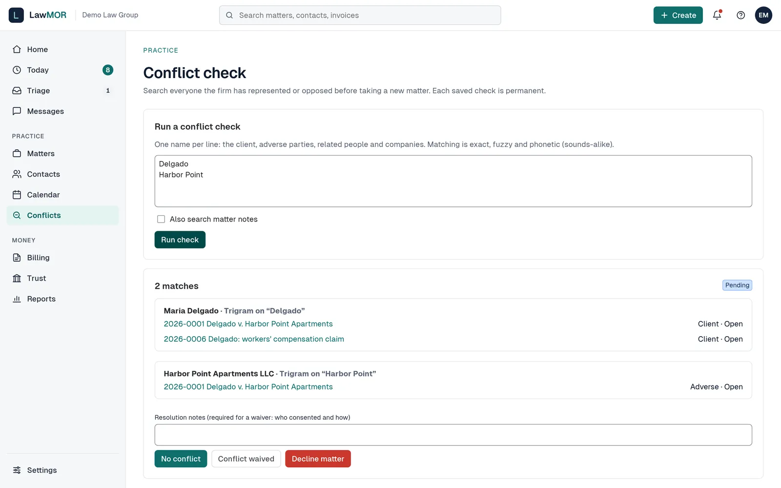 Conflict check results showing two matches with the matters and roles they appear in, and the resolution buttons.