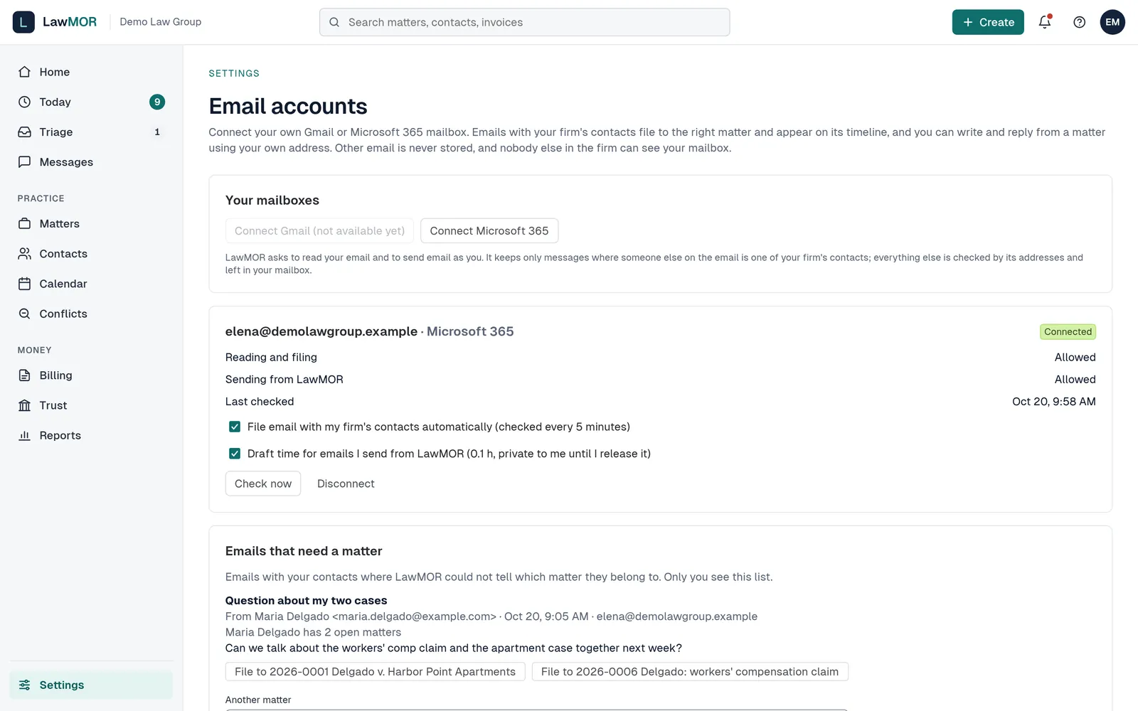 The Email accounts page with a connected Microsoft 365 mailbox, reading and sending allowed, the last check time, two settings and the Check now and Disconnect buttons.