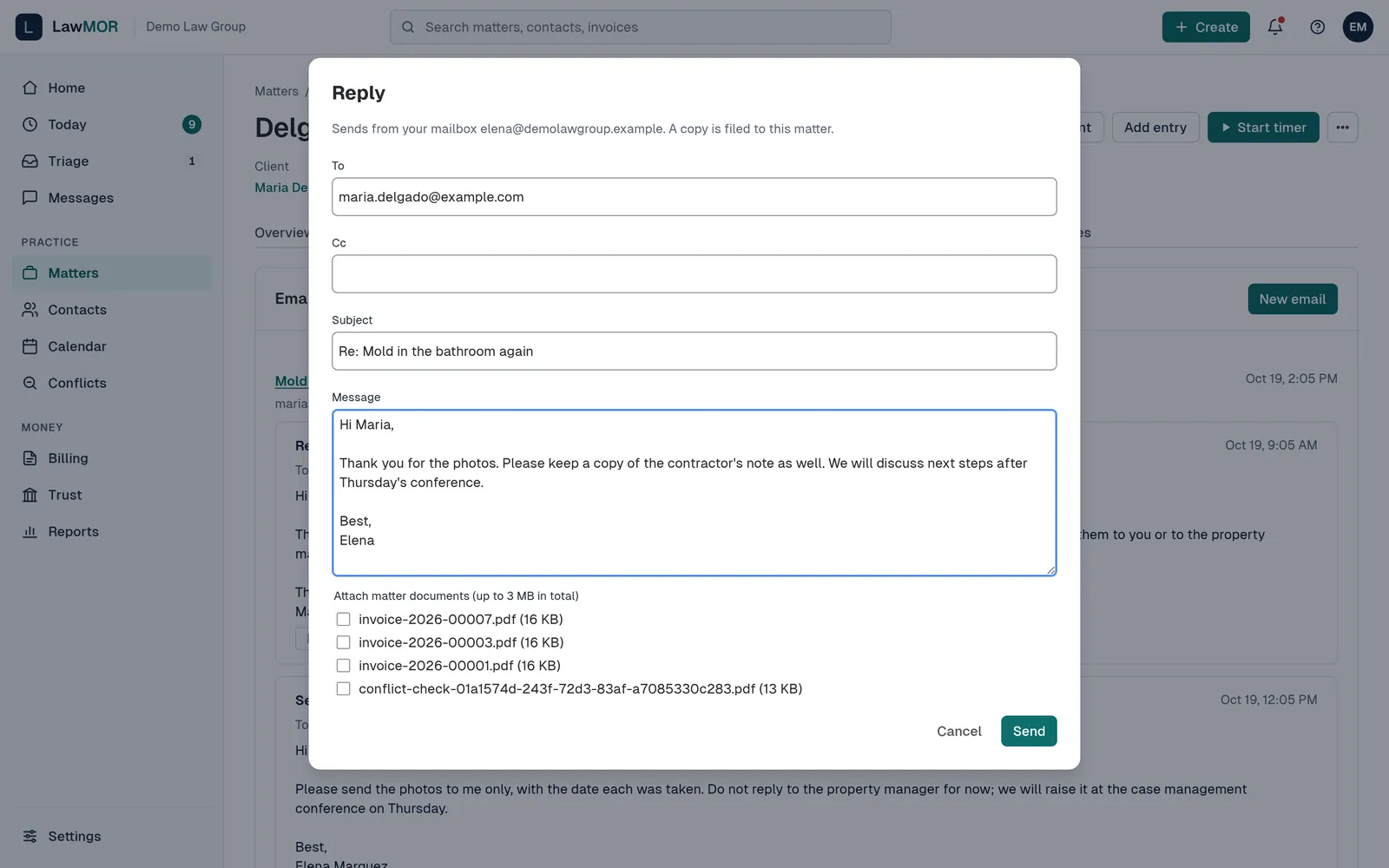 The Reply window with To, Cc, Subject, Message and a list of matter documents to attach.