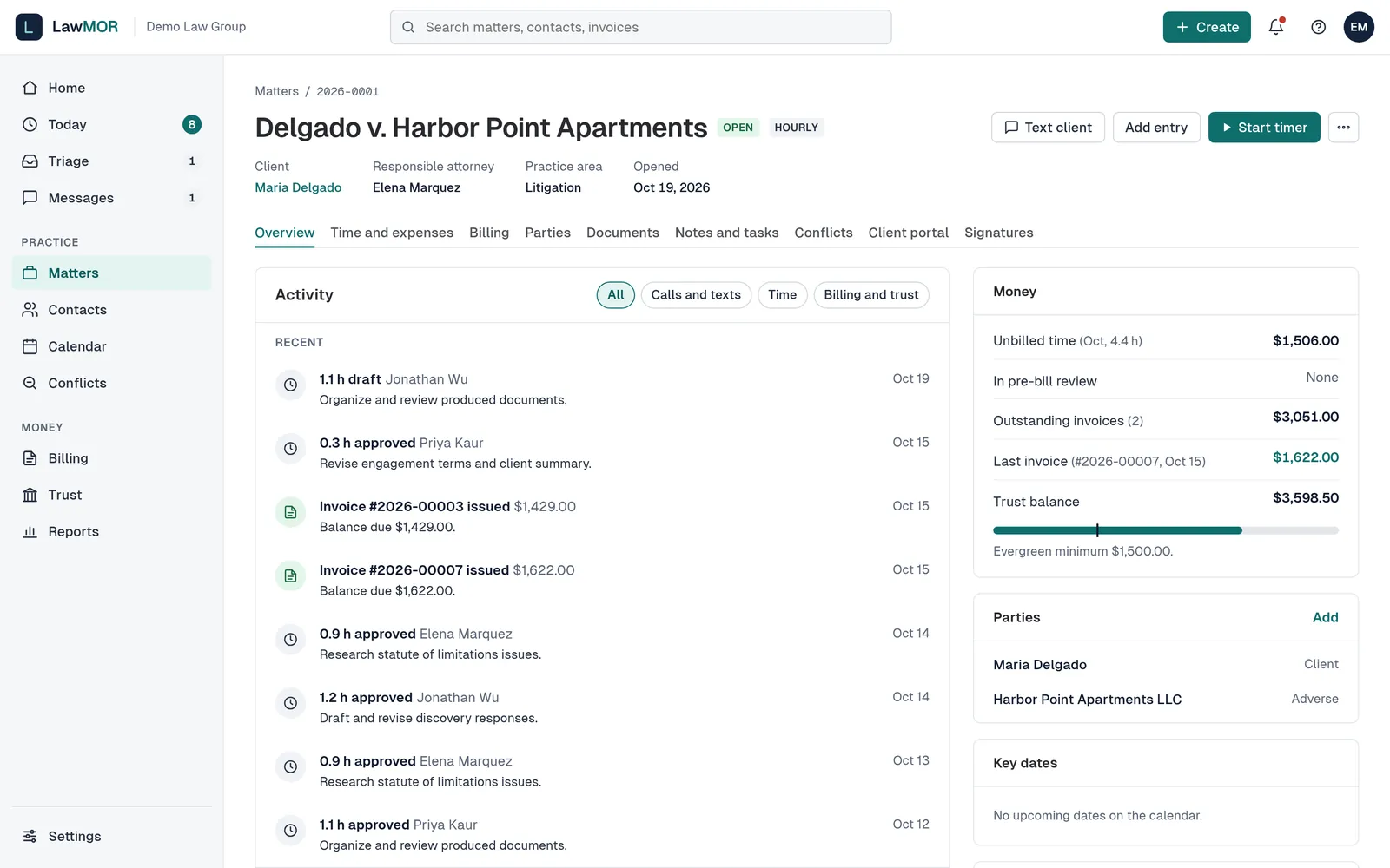 A matter page with its name, status tags, Text client, Add entry and Start timer buttons, and tabs from Overview to Signatures.