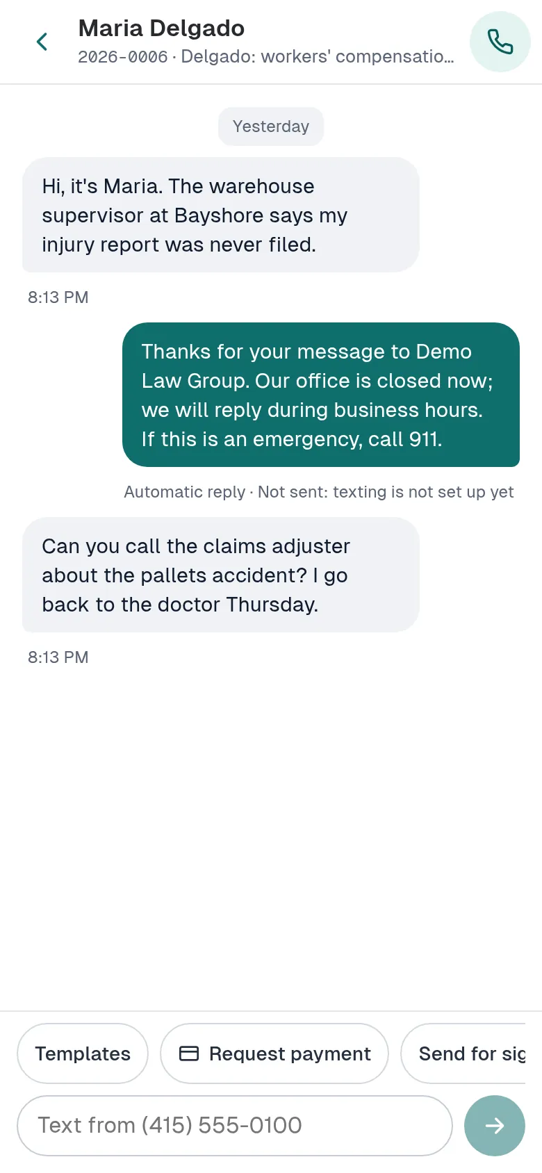 A text conversation on a phone with message bubbles, the Templates and Request payment chips, and the reply box.