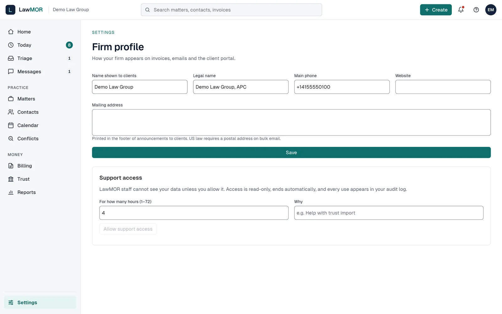The Firm profile settings page with name, legal name, phone, website and mailing address fields, and the Support access panel below.