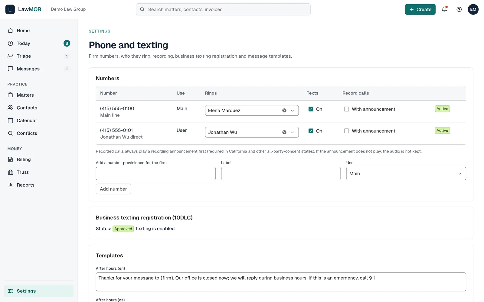 The Phone and texting settings page with the Numbers table showing Rings, Texts and Record calls columns.