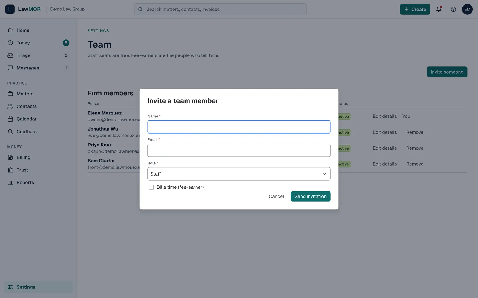 The Invite a team member dialog with Name, Email, Role and a Bills time checkbox.