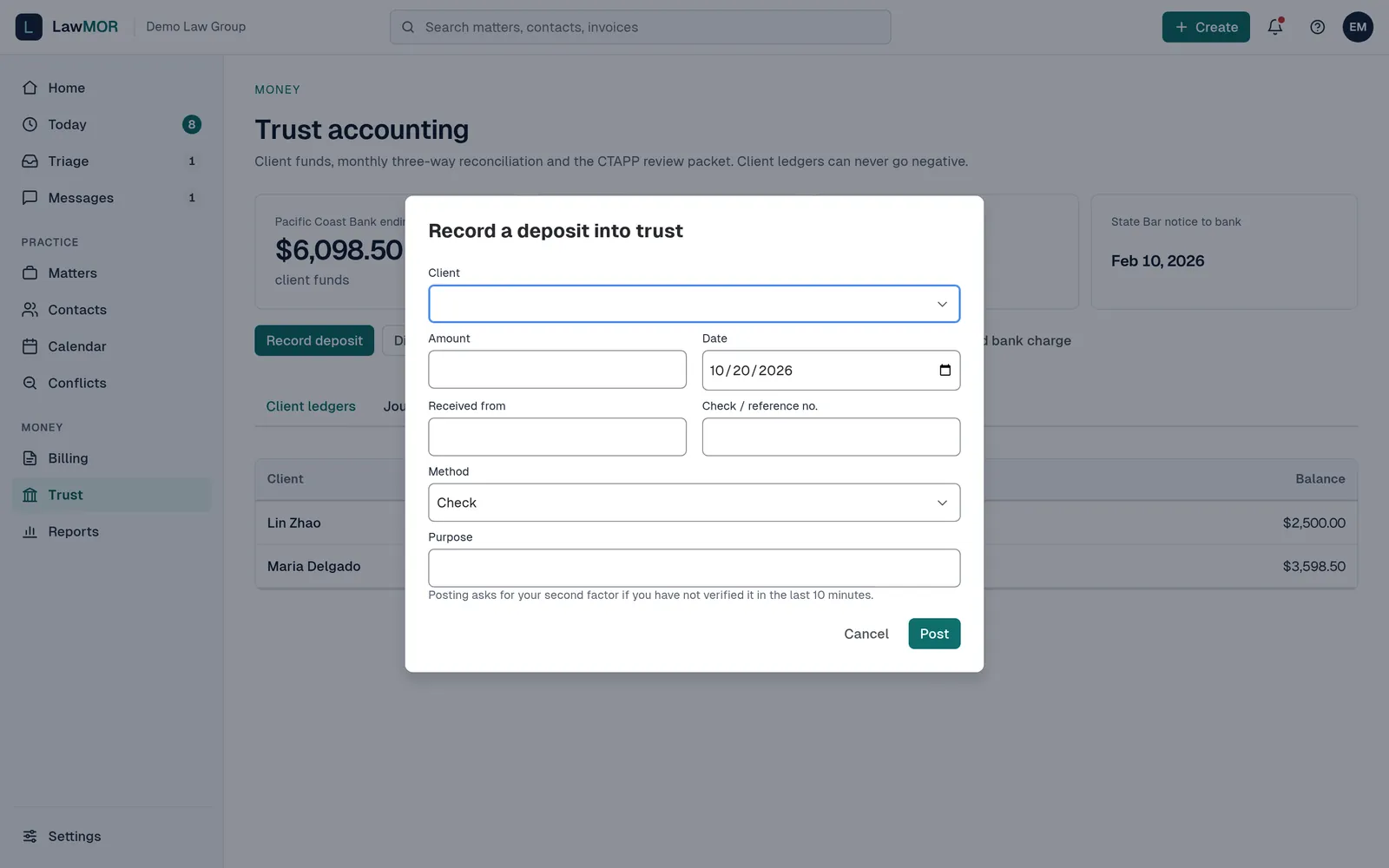 The Record a deposit into trust dialog with Client, Amount, Date, Received from, reference, Method and Purpose fields.