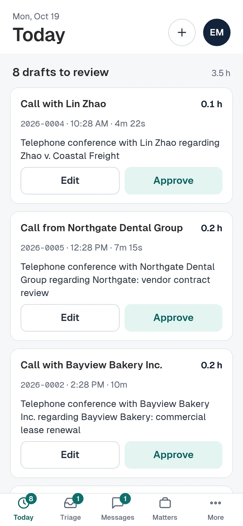 Today on a phone, with a navy timer card and draft cards with Edit and Approve buttons.