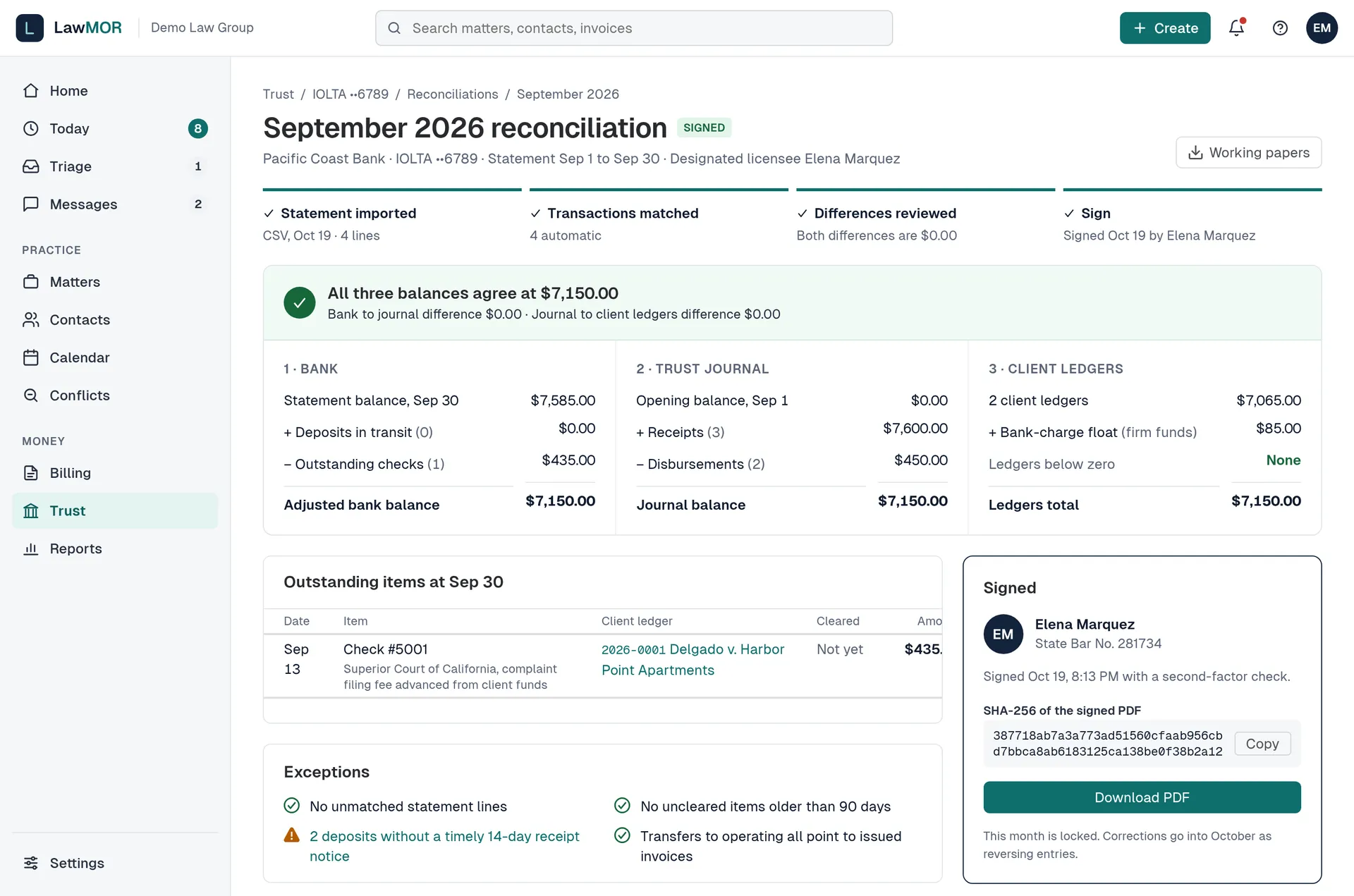 A trust reconciliation page showing bank, trust journal and client ledger totals side by side, with a sign panel on the right.